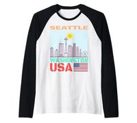 Maglietta con Immagine dello Skyline di Seattle, Washington State Cityscape Maglia con Maniche Raglan