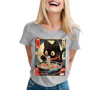 Maglietta con motivo gatto da donna, girocollo, tunica, girocollo, maniche corte, traspirante, per il tempo libero, morbida, comoda, estiva, elegante e divertente, O grigio chiaro, L