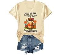 Maglietta con scollo a V con scritta "Call Me Old But at least I Grew Up", Colore: giallo crema., L
