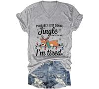 Maglietta con scollo a V con scritta "Maybe just Jingle Bells", divertente maglietta natalizia con renna stanca, camicia per le vacanze pigre, Grigio, S