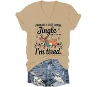 Maglietta con scollo a V con scritta "Maybe just Jingle Bells", divertente maglietta natalizia con renna stanca, camicia per le vacanze pigre, cachi, 3XL