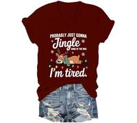 Maglietta con scollo a V con scritta "Maybe just Jingle Bells", divertente maglietta natalizia con renna stanca, camicia per le vacanze pigre, vino, M