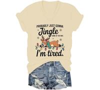 Maglietta con scollo a V con scritta "Maybe just Jingle Bells", divertente maglietta natalizia con renna stanca, camicia per le vacanze pigre, Giallo Crema, L