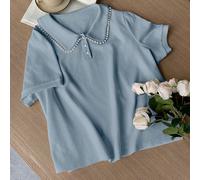 Maglietta con scollo a V e maniche corte aderente, con colletto tipo Peter Pan e decorazioni in perle, adatta per la primavera e l'estate 1XL,2XL,3XLColore unicoTessuto in maglia