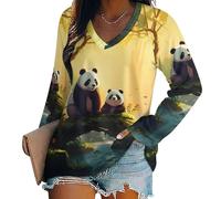 Maglietta con Scollo a V e Maniche Lunghe da Donna Panda Mama And Little, Camicette Casual di Base