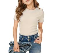 Maglietta con scollo rotondo, aderente, a costine, a maniche corte, per 5-14 anni, versatile da abbinare per tutti i giorni, tempo libero e attività all'aperto, beige., 7-8 Anni