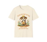 Maglietta con scritta in lingua inglese "The Day You Plant The Seed is Not The Day You Eat The Fruit", con citazione motivazionale e scritta in inglese "Cute Dog", Naturale, L
