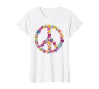 Maglietta con Scritta Peace Love in Stile Hippie Anni '60 e '70 Maglietta, Donna, Bianco, L