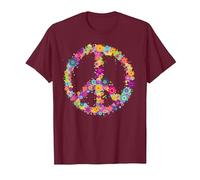 Maglietta con Scritta Peace Love in Stile Hippie Anni '60 e '70 Maglietta, Uomo, Bordeaux, L