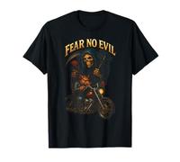 Maglietta con teschio rosa e scritta "Fear No Evil Grim Reaper Biker Skull Rose Maglietta