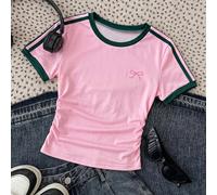 Maglietta corta a costine con stampa di cavalli e colori a contrasto, stile casual e retrò per ragazze pre-adolescenti, adatta per l'abbigliamento casual e la vita domestica 8Y,9Y,10Y,11Y,12YColore un