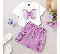 maglietta corta a maniche corte bianca e casual con ricamo 3D di farfalle e toppe di jeans, gonna di jeans casual a vita bassa con tasche utility, look minimalista e alla moda per uso quotidiano 6Y,7Y