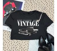 maglietta corta aderente da donna a girocollo, con stampa grafica vintage di auto in bianco e nero, stile casual minimalista, adatta per primavera/estate, in stile vintage, sexy, carino, Y2K, coconut 
