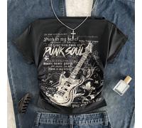 Maglietta corta aderente da ragazza adolescente, stile BM, a maglia, con stampa a motivi scuri e chitarra a spalla scoperta, per l'estate 14Y,12Y,13Y,16Y,15YGraficoPoliestere