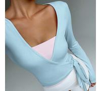 Maglietta corta aderente in maglia ultra-stretch e morbida con collo a V, rosa, ideale per yoga e fitness. Capo d'abbigliamento elegante e minimalista, un must have per il guardaroba quotidiano delle
