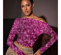 Maglietta corta alla moda da donna con stampa a paillettes e spalle scoperte, maniche lunghe SHEIN X Glamance SHEIN X potenzia la creatività fornendo a stilisti, artisti e marchi un accesso senza prec