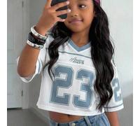 Maglietta corta ampia da ragazza tween con scollo a V, stampa di lettere e numeri su rete blu, stile street fashion, primavera/estate, maglietta in jersey, autunno/inverno 7Y,8Y,9Y,10Y,11Y,12Y,13YLett