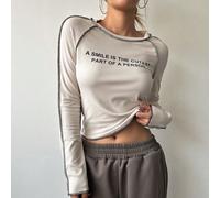 Maglietta corta con grafica a slogan, cuciture a vista, maniche raglan. "PARTE DI UN SORRISO DI UNA PERSONA È LA COSA PIÙ CARINA" Maglie a maniche lunghe da donna L,M,S,XL,XSsloganTessuto in maglia