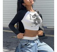 Maglietta corta da donna con maniche raglan e motivo a drago, adatta per la primavera e l'autunno L,M,S,XL,XS,XXL,XXSBlocchi di colore,Lettere,Motivo strutturatoTessuto in maglia