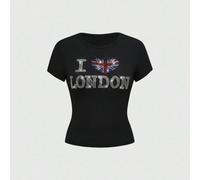 Maglietta corta da donna di stile Y2K e K-pop, con stampa mimetica, strass a forma di bandiera USA e grafica con testo in inglese L,M,S,XS,XXSBlocchi di colore,LettereTessuto in maglia