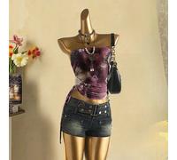 Maglietta corta vintage da donna con arricciature e laccio frontale, adatta per l'estate, in stile vintage, colore rosso encore, con stampa paisley, abbigliamento bohémien da donna per il ritorno a sc