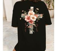 Maglietta cristiana "Gesù è la luce" con decorazione floreale, maglietta larga da donna con girocollo e slogan "La sua grazia è sufficiente" L,M,S,XLLettere,PianteTessuto in maglia