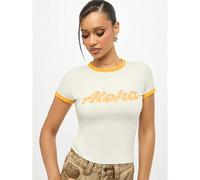 Maglietta crop aderente in stile hawaiano tropicale, con scollo a contrasto arancione, adatta per la stagione dei festival, in stile retrò "Aloha" per vacanze estive e spiaggia L,M,S,XSBlocchi di colo