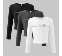 Maglietta crop top casual da ragazza con stampa a lettera e design aderente, maniche lunghe, versatile e alla moda, abbinabile a pantaloni vita alta, gonne a-line o minigonne 8Y,9Y,10Y,11Y,12YLettereT