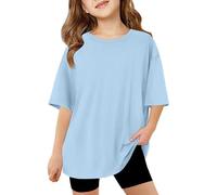 Maglietta da bambina a maniche corte, per l'estate, taglie forti, casual, girocollo, basic magliette da ragazza, senza pancia, Azzurro, 13-14 Anni
