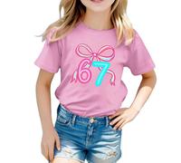 Maglietta da bambina con stampa a maniche corte, comoda e casual, perfetta per la scuola e il tempo libero., Colore: rosa., 10-11 Anni