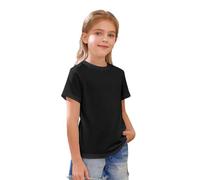 Maglietta da bambina e ragazzo, in cotone, estiva, a maniche corte, in cotone, con scollo rotondo, sportivo, leggera, casual, per ragazze, tinta unita, casual, sport, scollo rotondo, tees, Nero , 160