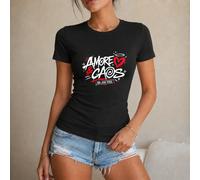 Maglietta da donna 100% cotone, stile casual e streetwear, con stampa Amore & Caos e cuore rosso, perfetta per il tempo libero, le vacanze, l'estate, la spiaggia, lo shopping, regalo per amiche o