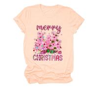 Maglietta da donna "2024 Christmas Merry Christmas" con stampa a lettere, scollo rotondo, maniche corte, per donne attente allo stile, beige., M