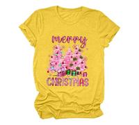 Maglietta da donna "2024 Christmas Merry Christmas" con stampa a lettere, scollo rotondo, maniche corte, per donne attente allo stile, giallo., M