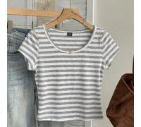 maglietta da donna 96% cotone grigia & bianca a righe, girocollo, slim-fit, corta, maniche corte - adatta per layering in tutte le stagioni & abbigliamento casual da casa, stile vintage vintage Y2K so