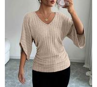 Maglietta da donna a costine, a maniche lunghe, scollo a V, tinta unita | design con scollo a V, graziosi dettagli a balze, maniche a pipistrello, taglio ampio, ideale da indossare a strati