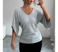 Maglietta da donna a costine, a maniche lunghe, scollo a V, tinta unita | design con scollo a V, graziosi dettagli a balze, maniche a pipistrello, taglio ampio, ideale da indossare a strati