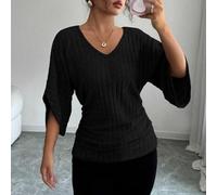 Maglietta da donna a costine, a maniche lunghe, scollo a V, tinta unita | design con scollo a V, graziosi dettagli a balze, maniche a pipistrello, taglio ampio, ideale da indossare a strati