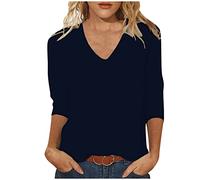 Maglietta da donna a maniche a 3/4, alla moda, a tinta unita, a tre quarti, con scollo a V, per tutte le partite, per lo sport, regalo per le donne, Blu scuro, L