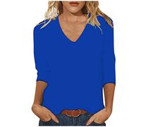 Maglietta da donna a maniche a 3/4, alla moda, a tinta unita, a tre quarti, con scollo a V, per tutte le partite, per lo sport, regalo per le donne, Blu, L