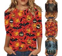 Maglietta da donna a maniche a 3/4, con scollo rotondo, leggera, comoda, per Halloween, per il tempo libero, Colore: arancione., L