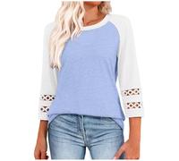 Maglietta da donna a maniche a 3/4, elegante scollo rotondo, cuciture in pizzo, colore leggero, Azzurro, S