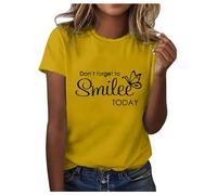 Maglietta da donna a maniche corte con elegante stampa a farfalla, design morbido scollo rotondo per un comfort alla moda, giallo., L