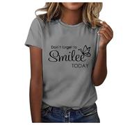 Maglietta da donna a maniche corte con elegante stampa a farfalla, design morbido scollo rotondo per un comfort alla moda, grigio., L