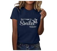 Maglietta da donna a maniche corte con elegante stampa a farfalla, design morbido scollo rotondo per un comfort alla moda, Blu scuro, XL