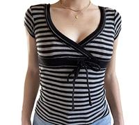 Maglietta da donna a maniche corte con fata grunge Y2k vintage grafica crop top estetica slim fit girocollo t-shirt anni '90 Streetwear, Nero e bianco, M