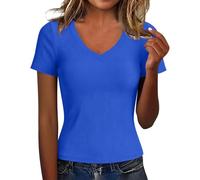Maglietta da donna a maniche corte con scollo a V, a costine, aderente, elasticizzata, morbida, traspirante, estiva, abbigliamento casual e gite nel fine settimana, Blu, L