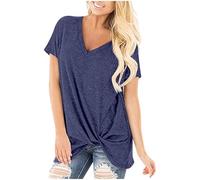 Maglietta da donna a maniche corte con scollo a V e nodo, Blu, L