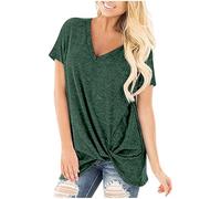 Maglietta da donna a maniche corte con scollo a V e nodo, Verde scuro, XXL