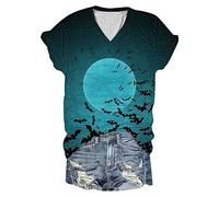 Maglietta da donna a maniche corte con scollo a V per Halloween, pipistrello, stampa luna, casual, maglietta nera, Blu, L